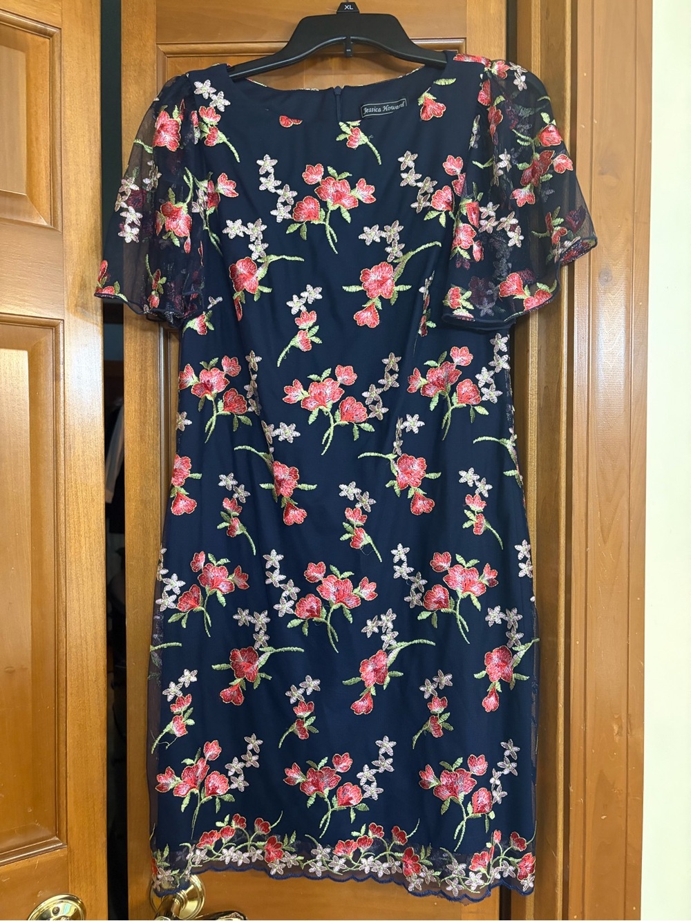 Jessica Howard Navy Midi Dress with Pink Floral Embroidery